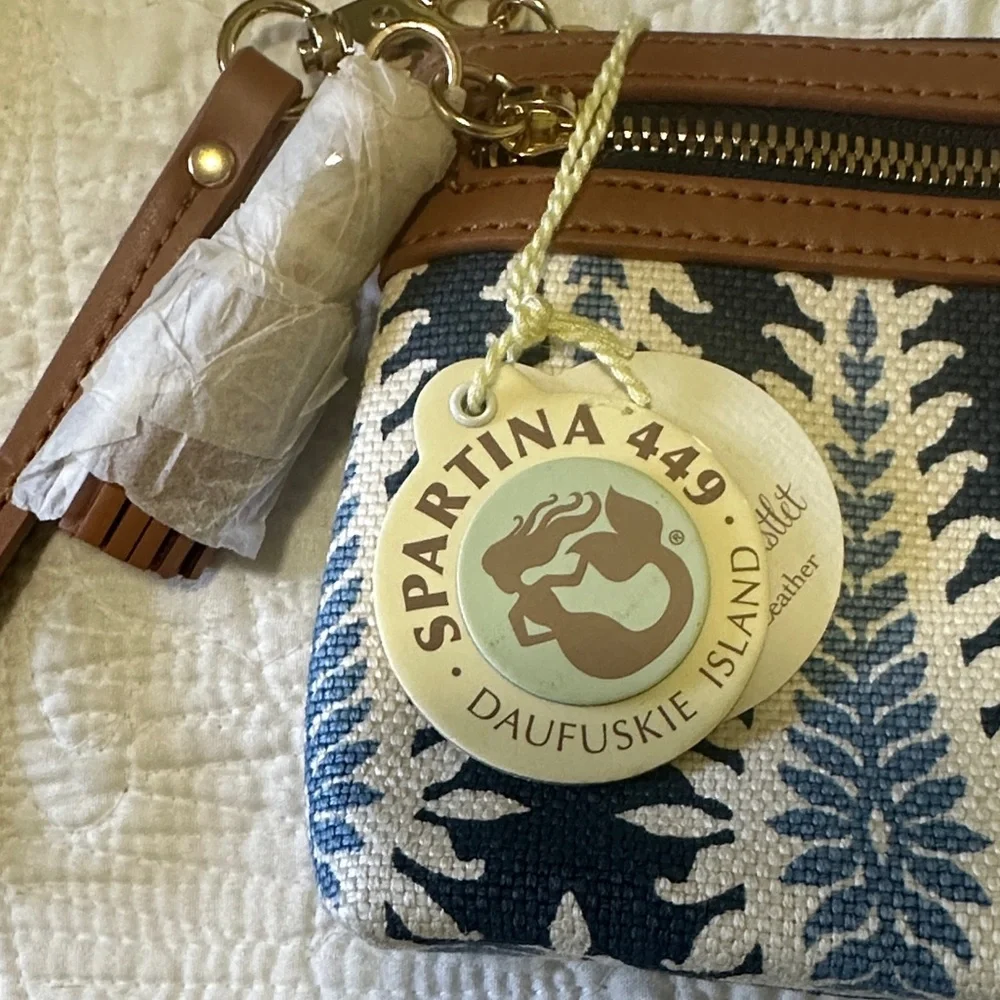 Brand New Spartina 449 Navy & Tan Fern-Print Wristlet with Leather Trim